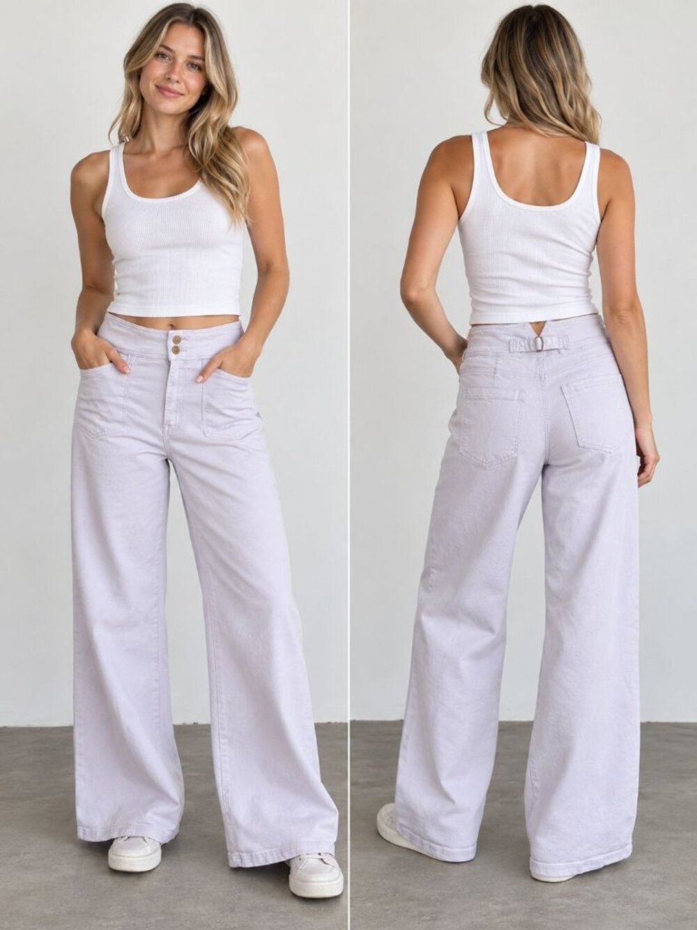 Avec Les Filles Lavender High Rise Wide-Leg Buckle Back Pants Size 14
